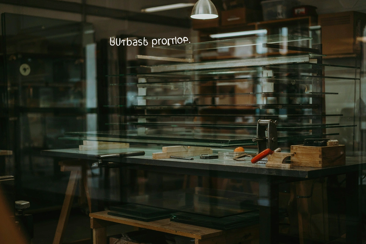 Intérieur de l'atelier Miroiterie Aurore avec plaques de verre et outils de découpe