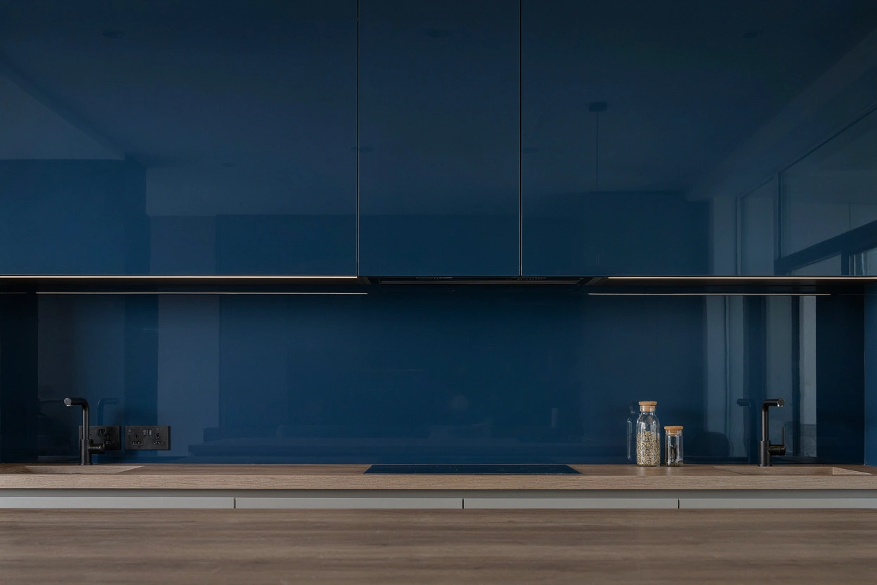 Crédence de cuisine en verre bleu posée par Miroiterie Aurore